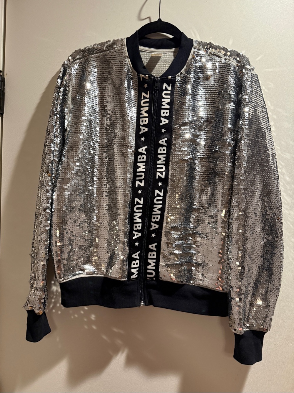 Zumba Fitness Silver Sequin Jacket with Black Trim